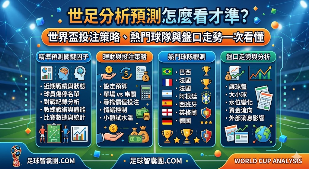 這篇世足分析預測大補帖，一篇文章帶您將最核心的世界盃投注策略、熱門球隊與盤口走勢一次完美掌握！由資深運彩專家親自坐鎮，深度拆解全新48隊擴軍賽制下各國豪強的最新戰術陣型、明星球員傷兵名單與國際盤口水位變動規律，特別教您如何精準利用亞洲讓分、大小球、不讓分獨贏及正確波膽來透視莊家開盤的數據陷阱。結合科學化的資金控管、過關串關技巧與業界高手的下半場滾球走地、長線冠軍盤避險對沖心法，幫助您在四年一度的全球足球盛宴中大幅提升中獎贏錢勝率，不論您是運彩新手還是老玩家，這篇必讀的2026世足下注攻略都將是您引領資產翻倍的致富關鍵！
