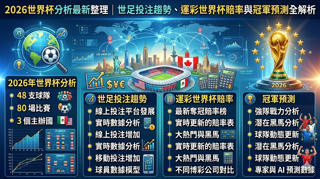 這篇2026世界盃分析最新整理，一篇文章帶您將最新的世足投注趨勢、運彩世界盃賠率與冠軍預測全解析完美掌握！由資深專家親自操盤，深度拆解全新48隊擴軍賽制下西班牙、法國、英格蘭與阿根廷等豪強的最新戰術陣型、明星球員傷兵名單與國際盤口水位變動規律，特別針對讓分盤、大小球、獨贏及正確波膽等熱門玩法提供全方位的實戰心法。結合科學化的資金控管、過關串關技巧與業界高手的下半場滾球走地、長線避險對沖策略，幫助您在四年一度的全球足球盛宴中完美避開莊家陷阱、大幅提升贏錢中獎率，搶佔資產翻倍的致富發財先機！